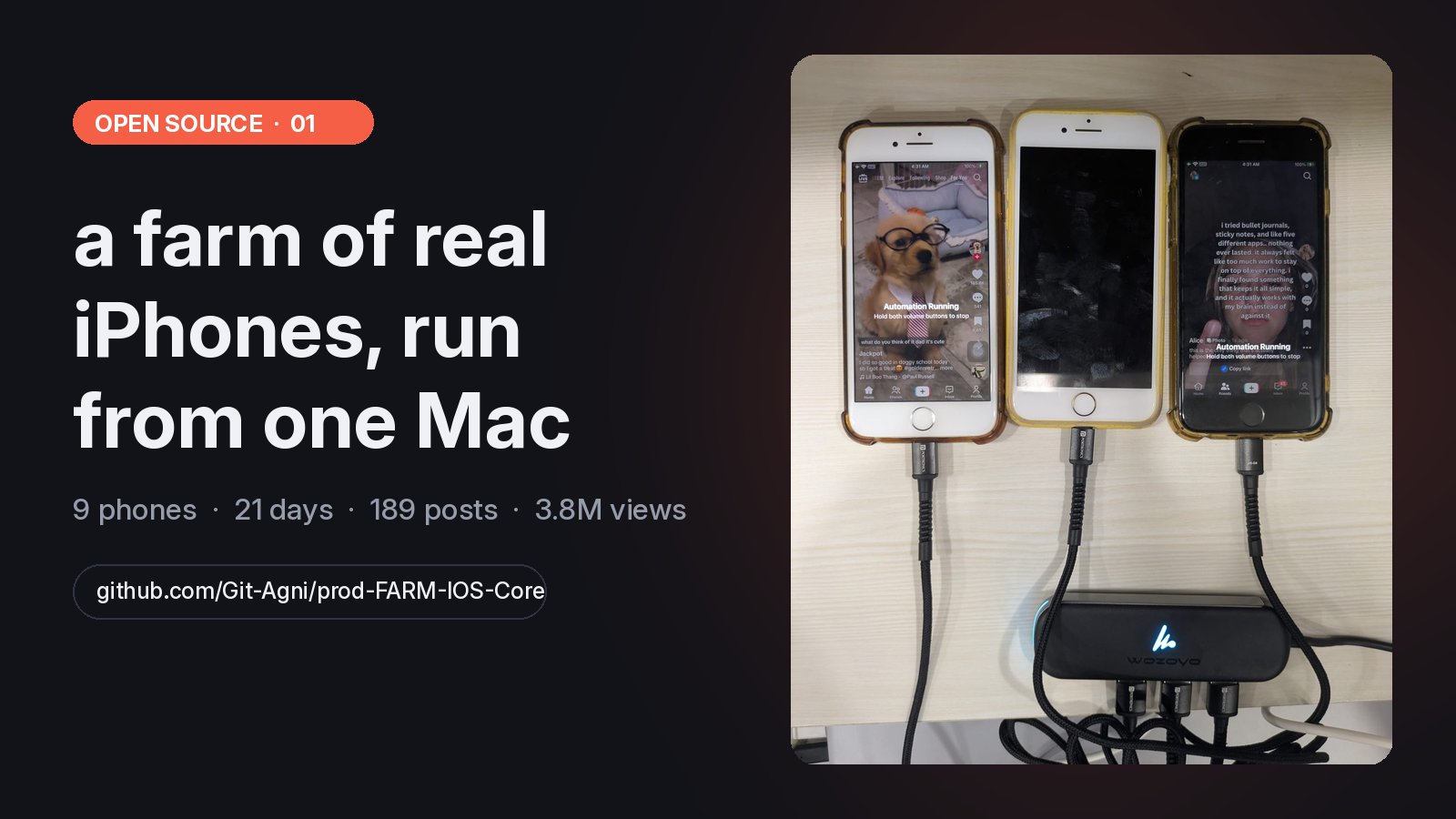 Three iPhones running TikTok automation, plugged into a powered USB hub, next to the words a farm of real iPhones, run from one Mac.