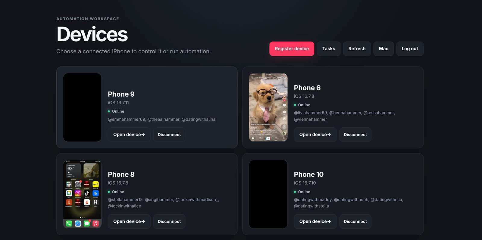 The iOS Farm devices page, showing four registered iPhones online with their TikTok accounts