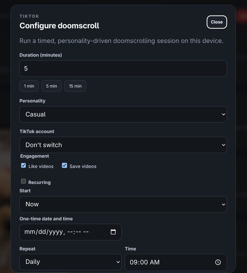 The doomscroll configuration panel with personality and duration settings