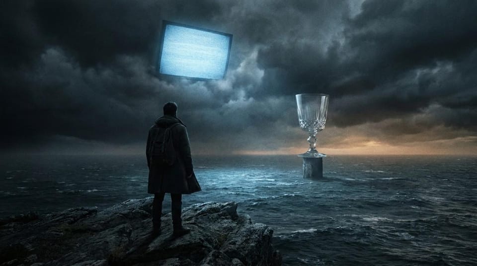 Person standing on a rocky shore facing a stormy sea, with a glowing screen in the sky and a glass on a pedestal, symbolizing distraction, temptation, and competing priorities.