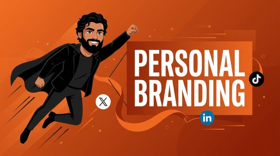 Illustrated man running across an orange background with “Personal Branding” text and X, TikTok, and LinkedIn icons.
