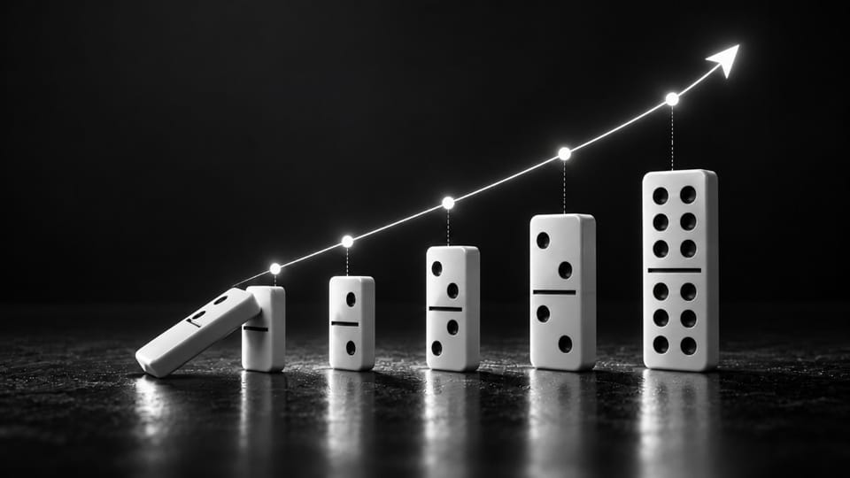 Dominoes arranged in a rising sequence with an upward arrow symbolizing growth and progress.