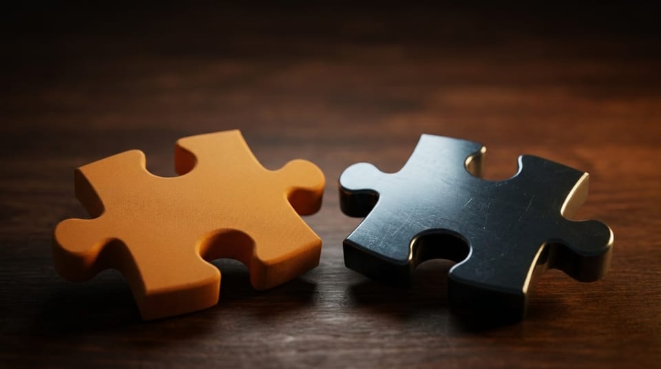 Orange and black puzzle pieces placed side by side on a dark wooden surface.